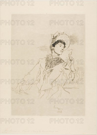 Woman Smoking a Cigarette, 1888, Daniel Urrabieta Vierge, French, born Spain, 1851-1904, France, Etching on cream wove paper, 263 × 190 mm (image), 277 × 198 mm (plate), 342 × 249 mm (sheet)
