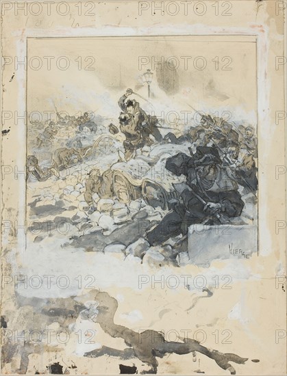 Scene from the Suppression of the Paris Commune in May, 1871, c. 1871, Daniel Urrabieta Vierge, French, born Spain, 1851-1904, France, Pen and black ink and brush and gray gouache, with brush and gray wash and graphite, heightened with lead white (discolored), on cream wove paper, 321 × 246 mm