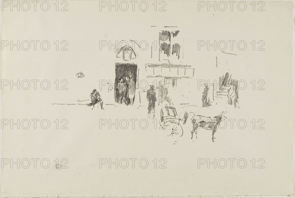 Gaiety Stage Door, 1879/87, James McNeill Whistler, American, 1834-1903, United States, Transfer lithograph in black ink with scraping, on ivory laid paper, 123 x 195 mm (image), 207 x 305 mm (sheet)