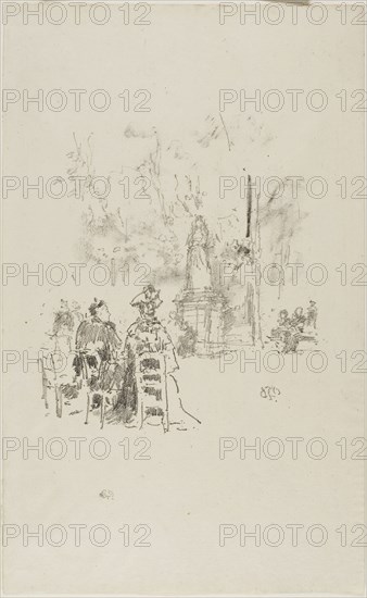 Conversation under the Statue, Luxembourg Gardens, 1893, James McNeill Whistler, American, 1834-1903, United States, Transfer lithograph in black with stumping, on ivory laid paper, 170 x 154 mm (image), 314 x 193 mm (sheet)