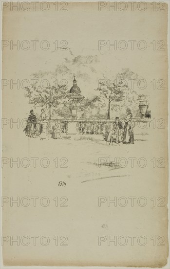 The Pantheon, from the Terrace of the Luxembourg Gardens, 1893, James McNeill Whistler, American, 1834-1903, United States, Transfer lithograph in black with stumping, on cream laid paper, 182 x 160 mm (image), 331 x 210 mm (sheet)