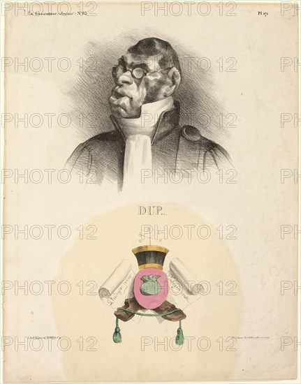 DUP…, plate 171 from Célébrités de la Caricature, 1832, Honoré Victorin Daumier, French, 1808-1879, France, Lithograph in black, with hand coloring, on ivory wove paper, fixed (fixative discolored to yellow), 332 × 258 mm