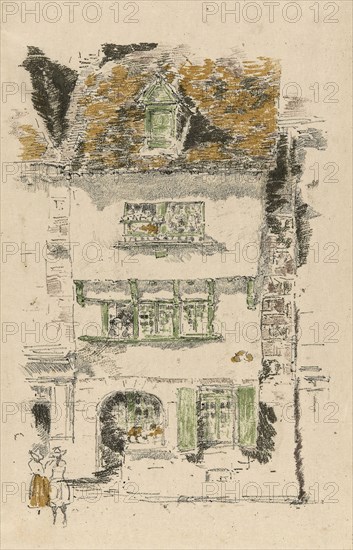 Yellow House, Lannion, 1893, James McNeill Whistler, American, 1834-1903, United States, Transfer lithograph with scraping, from five stones, in black (keystone), green, yellow, gray, and medium gray, on cream Japanese paper, 242 x 162 mm (image), 319 x 204 mm (sheet)