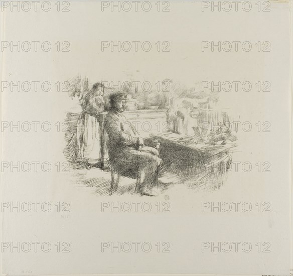 The Shoemaker, 1896, James McNeill Whistler, American, 1834-1903, United States, Transfer lithograph in various black inks, with stumping, on grayish ivory China paper, 158 x 221 mm (image), 338 x 353 mm (sheet)