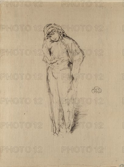 Draped Figure, Standing, 1891, James McNeill Whistler, American, 1834-1903, United States, Transfer lithograph in dark gray on cream Japanese paper, 219 x 112 mm (image), 319 x 267 mm (sheet)
