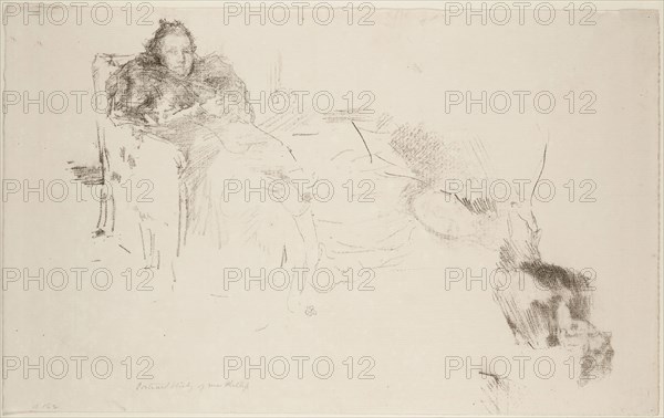 Portrait Study: Mrs. Philip, No. 4 [Studies of the Philips], 1897, James McNeill Whistler, American, 1834-1903, United States, Transfer lithograph in black, printed over counterproof of lithograph in black, on ivory laid paper, 157 x 124 mm (image), 220 x 298 mm (with counterproof and unfinished sketch), 220 x 355 mm (sheet)