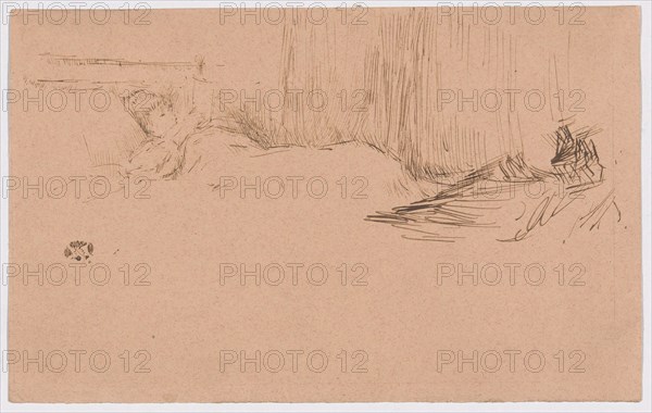 Girl Reading in Bed, c. 1882, James McNeill Whistler, American, 1834-1903, United States, Pen and brown ink with traces of graphite on pink wove paper, 113 x 180 mm