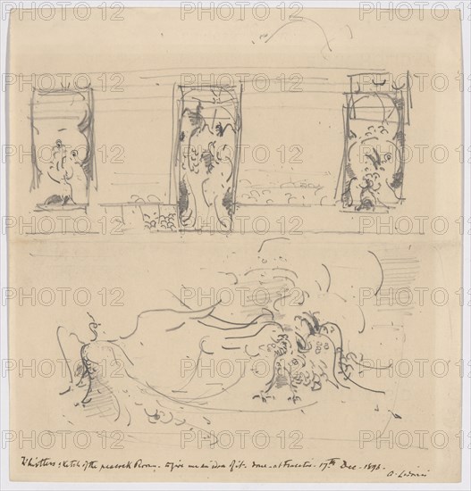 Sketch of the Peacock Room, 1898, James McNeill Whistler, American, 1834-1903, United States, Graphite (recto) on cream wove paper with printed text in black ink (verso), 188 x 178 mm