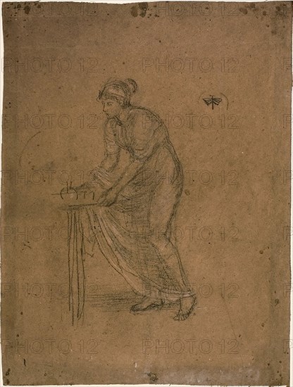 Draped Model with Small Table, 1866/69, James McNeill Whistler, American, 1834-1903, United States, Charcoal with touches of white chalk on brown wove paper laid down on ivory board, 367 x 275 mm