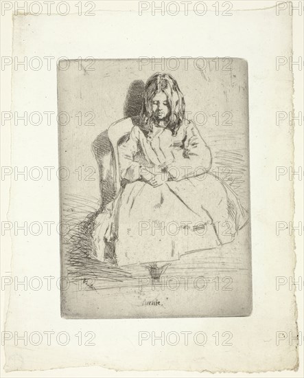 Annie, Seated, 1858/59, James McNeill Whistler, American, 1834-1903, United States, Etching and drypoint with foul biting in dark gray ink on ivory laid paper, 130 x 97 mm (plate), 185 x 149 mm (sheet), Mummy Mask, 200/1 B.C., Paracas, Peru, south coast, Ica Valley, Ocucaje, Peru, 34.3 × 38.1 cm  (13 1/2 × 15 in.)