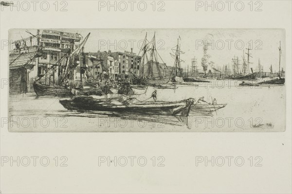 Thames Warehouses, 1859, James McNeill Whistler, American, 1834-1903, United States, Etching and drypoint with foul biting in black ink on cream laid on paper, 75 x 21 mm (plate), 151 x 267 mm (sheet)