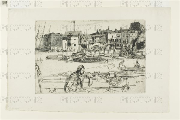 Black Lion Wharf, from A Series of Sixteen Etchings of Scenes on the Thames (the Thames Set), 1859, published 1871, James McNeill Whistler, American, 1834-1903, United States, Etching with foul biting in black on off-white laid paper, 151 x 227 mm (plate), 216 x 333 mm (sheet)