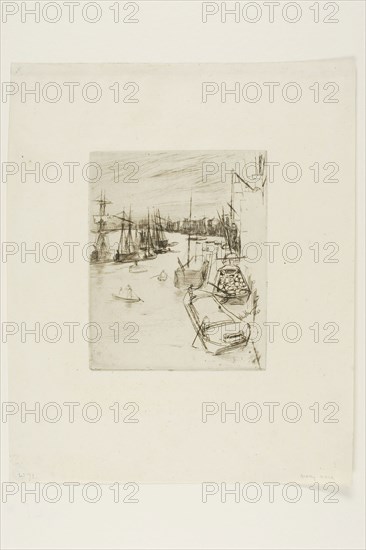 The Little Rotherhithe, 1861, James McNeill Whistler, American, 1834-1903, United States, Etching and drypoint with foul biting in dark brown ink on ivory laid paper, 125 x 102 mm (plate), 239 x 196 mm (sheet)