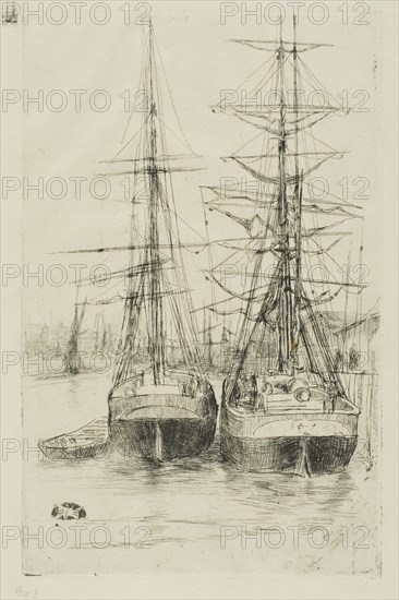 Two Ships, 1875, James McNeill Whistler, American, 1834-1903, United States, Etching and drypoint with foul biting in black ink on ivory Japanese paper, 207 x 133 mm (plate), 338 x 234 mm (sheet)