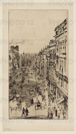 St. James’s Street, 1878, James McNeill Whistler, American, 1834-1903, United States, Etching in black ink on ivory laid paper, 278 x 152 mm (plate), 322 x 181 mm (sheet)