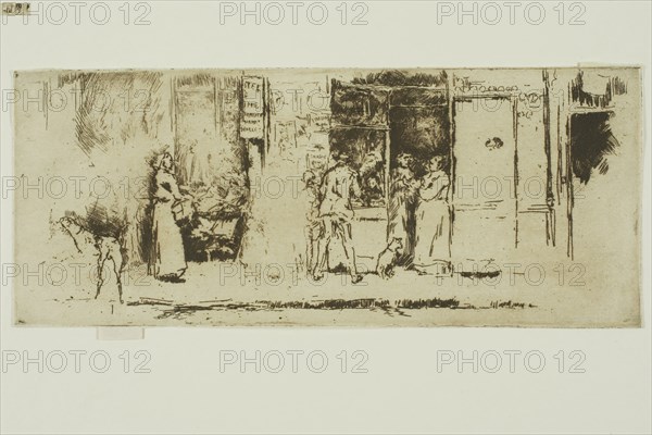 Newspaper-Stall, Rue de Seine, 1893, James McNeill Whistler, American, 1834-1903, United States, Etching with foul biting in dark brown ink on buff laid paper, 82 x 200 mm (image, trimmed within plate mark), 86 x 200 mm (sheet)