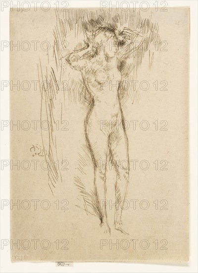 Binding the Hair, 1887, James McNeill Whistler, American, 1834-1903, United States, Etching with drypoint in black ink on cream laid paper, 133 x 95 mm (image, trimmed within plate mark), 136 x 95 mm (sheet)