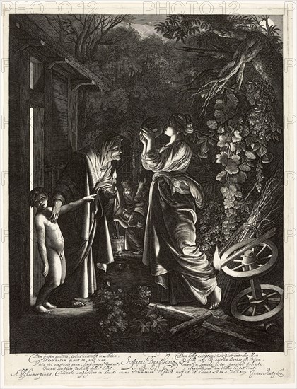 The Mocking of Ceres, 1610, Hendrik Goudt (Dutch, 1583-1648), after Adam Elsheimer (German, 1578-1610), Netherlands, Engraving in black on ivory laid paper, 320 x 245 mm (plate), 327 x 250 mm (sheet)