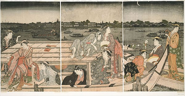 Pleasure-Boating on the Sumida River, 1788/90, Kitagawa Utamaro ??? ??, Japanese, 1756-1806, Japan, Color woodblock print, ôban triptych, 37.2 x 24.9 cm (right sheet) (14 5/8 x 9 13/16 in.), 37 x 25.4 cm (center sheet) (14 9/16 x 10 in.), 37 x 25.1 cm (left sheet) (14 9/16 x 9 7/8 in.)