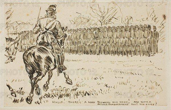 A Military Inspection, 1870/91, Attributed to Charles Keene, England, 1823-1891, England, Pen and brown ink, with touches of gouache, on tan wove paper, laid down on ivory wove card, 112 × 176 mm