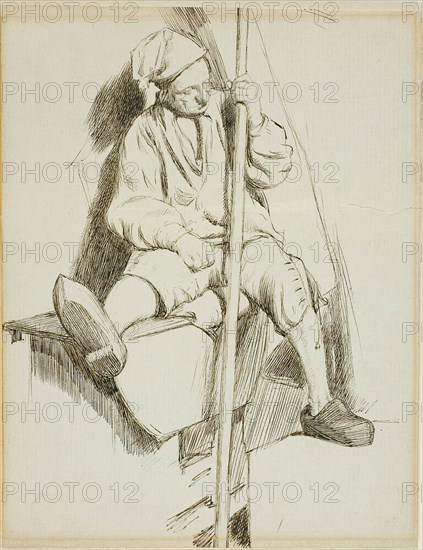 Man Seated, Holding Staff in Left Hand, 1860/69, Attributed to Charles Keene, England, 1823-1891, England, Pen and brown ink on gray laid paper, laid down on tan wove card, 174 × 134 mm