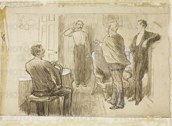 Officer and Orderly, 1870/91, Charles Keene, English, 1823-1891, England, Pen and brown ink, with brush and brown wash and white gouache, over black chalk, on buff wove paper, laid down on ivory wove card, 155 × 233 mm