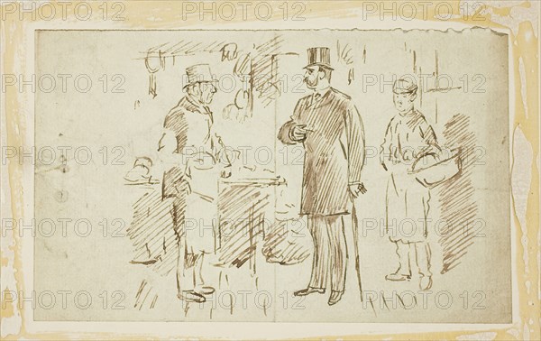 Gent in Tall Hat Addressing Butcher, n.d., Charles Keene, English, 1823-1891, England, Pen and brown ink, with brush and brown wash, over traces of black chalk, on gray laid paper, laid down on ivory wove card, 113 × 184 mm