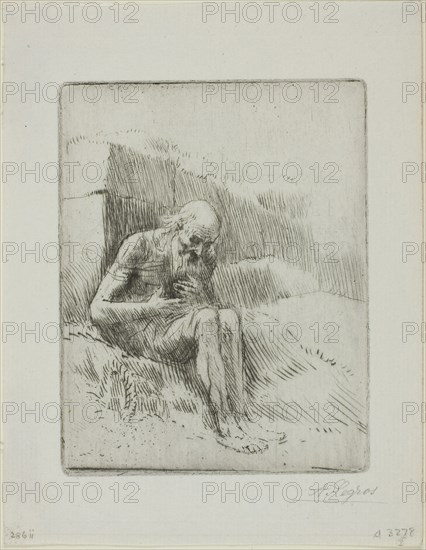 Job, second plate, 1884, Alphonse Legros, French, 1837-1911, France, Etching and drypoint on ivory laid paper, 116 × 92 mm (plate), 160 × 124 mm (sheet)