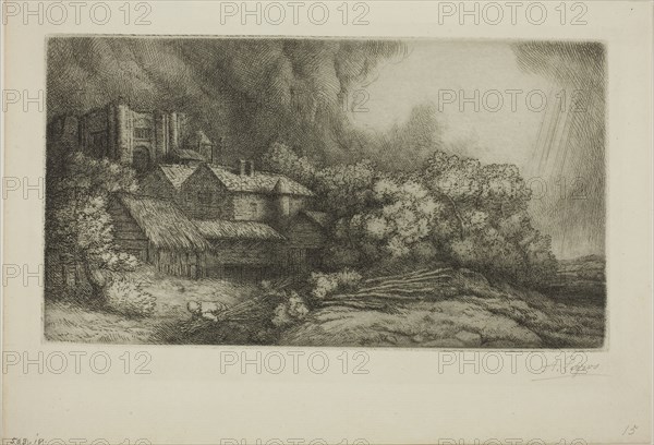 The Abbey Farm, c. 1893, Alphonse Legros, French, 1837-1911, France, Etching and drypoint on ivory laid paper, 138 × 249 mm (plate), 194 × 283 mm (sheet)