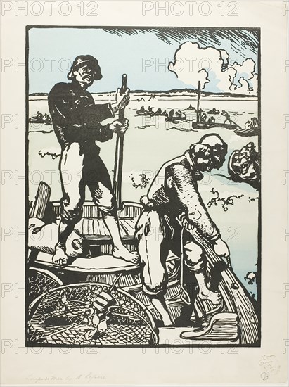 Shrimpers, 1895, Louis Auguste Lepère, French, 1849-1918, France, Photolithograph reduced from a woodcut in black, blue and green on cream wove paper, 342 × 252 mm (image/plate), 409 × 307 mm (sheet)