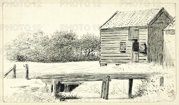 Barn and Bridge, n.d., Henry Stacy Marks, English, 1829-1898, England, Pen and black ink on ivory wove paper, 101 × 176 mm