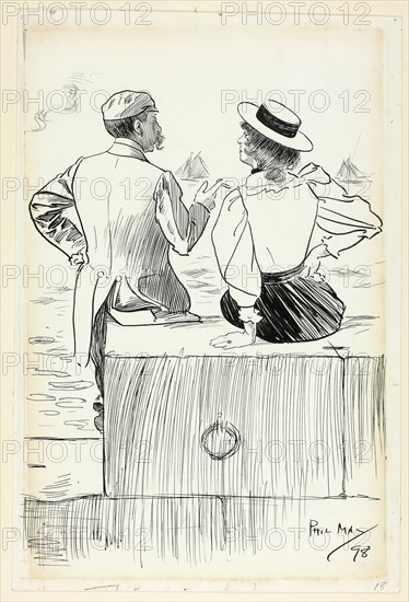Man and Woman Sitting on Wharf, 1898, Philipp William May, English, 1864-1903, England, Pen and black ink, over traces of graphite, on ivory wove card, 348 × 232 mm