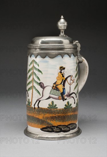 Tankard, c. 1770, Germany, Crailsheim, Period of Johann Georg Weiss Jr, Germany, Tin-glazed earthenware (faience) and pewter mounts, 23.5 x 14.3 cm (9 1/4 x 5 5/8 in.)