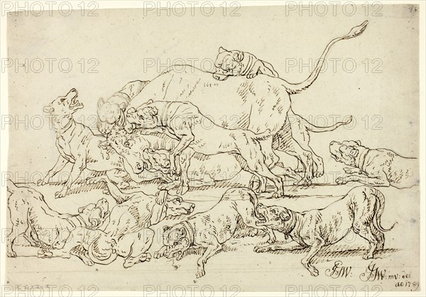 Dogs Attacking a Bull, 1789, Joseph Georg Wintter, German, 1751-1789, Germany, Pen and brown ink, over traces of graphite, on ivory laid paper, 222 x 320 mm