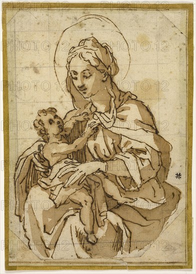 Virgin and Child, c. 1591, Circle of (or after) Francesco Vanni, Italian, 1563-1610, Italy, Pen and iron gall ink with brush and brown wash, on ivory laid paper, squared in graphite, 140 x 100 mm