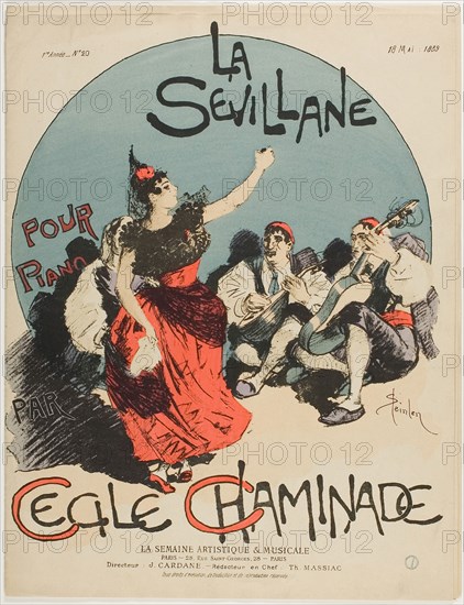 Overture for The Woman from Seville, for Piano, by Cecile Chaminade, published May 18, 1889, Théophile-Alexandre Pierre Steinlen (French, born Switzerland, 1859-1923), published by La Semaine Artistique & Musicale (French, 1888-1889), composed by Cecile Chaminade (French, 1857-1944), France, Lithograph in blue, red, lavender, black and cream on cream wove paper, folded to create sheet music cover, 349 × 269 mm (sheet, folded)