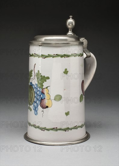 Tankard, 18th century, Austria, Salzburg, Salzburg, Tin-glazed earthenware (faience) and pewter, 23.9 x 17.2 cm (9 3/8 x 6 3/4 in.)