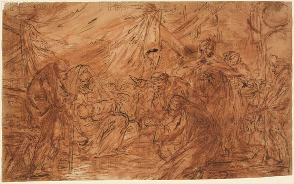Adoration of the Magi, n.d., Attributed to a pupil of François Boucher (French, 1703-1770), or Nicolas Bernard Lépicié (French, 1735-1784), France, Pen and brown ink, over red chalk, with brush and red chalk wash, on ivory laid paper, 210 × 337 mm