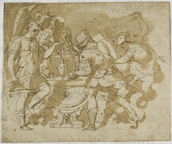 Camillus Attacking Brennus, c. 1550, after Francesco de’Rossi, called Salviati, Italian, 1510-1563, Italy, Pen and brown ink with brush and brown wash, over traces of graphite, on ivory laid paper, laid down on cream wove paper, 207 x 249 mm