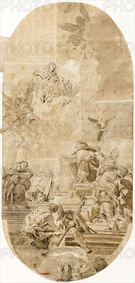 Study for Institution of the Rosary by Saint Dominic, n.d., Francesco Lorenzi (Italian, 1723-1787), after Giambattista Tiepolo (Italian, 1696-1770), Italy, Pen, ink, and wash on paper, 940 x 444 mm