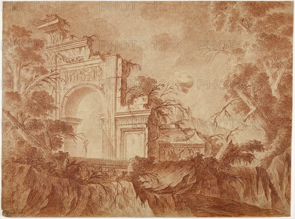 Figure Standing in Classical Ruins, n.d., Jean-Laurent Legeay, French, 1710-1786, France, Red chalk on cream laid paper, 410 × 550 mm