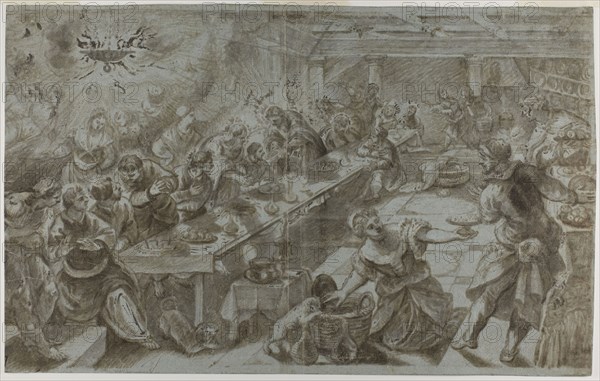 Last Supper, n.d., after Jacopo Robusti, called Tintoretto, Italian, 1519-1594, Italy, Brush and brown wash, heightened with lead white (partially oxidized), on blue laid paper, laid down on ivory laid paper, 348 x 552 mm