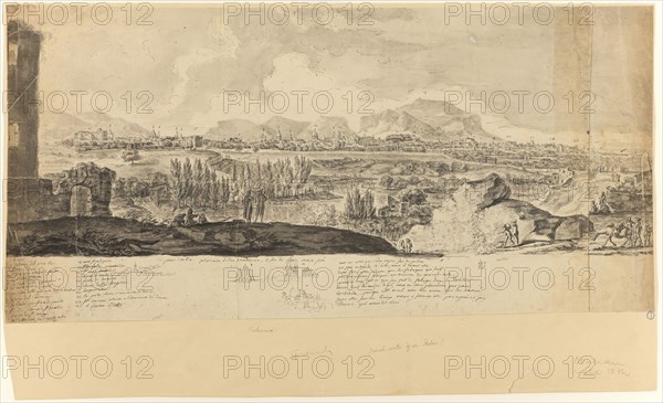 View of Palermo, 1700/1799, Unknown Artist, French, 18th century, France, Pen and black ink, and brush and black and gray wash, over graphite, on cream laid paper tipped on cream wove paper, 332 × 677 mm