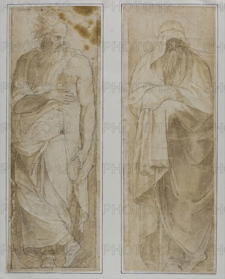 Standing Prophet or Apostle, n.d., after Pellegrino Tibaldi (Italian, 1527-1596), and Perino del Vaga (Italian, 1501-1547), Italy, Black chalk with brush and brown wash, on ivory laid paper, tipped on to ivory wove paper, 285 x 100 mm