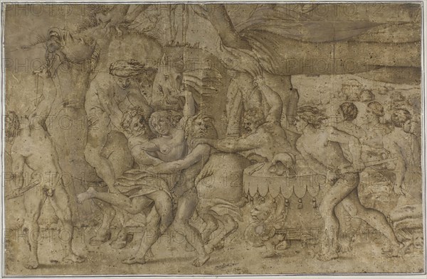 Battle of the Lapiths and Centaurs, n.d., After Enea Vico, Italian, 1523-1567, Italy, Pen and brown ink with brush and brown wash and gray gouache, on tan laid paper, laid down on ivory laid paper, laid down on blue wove paper, 272 x 418 mm