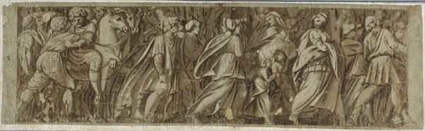 Sabines Crossing the River Tiber to Attend the Roman Games, n.d., After Polidoro Caldara, called Polidoro da Caravaggio, Italian, c. 1499-c. 1543, Italy, Pen and brown ink with brush and brown wash, heightened with white gouache, on blue laid paper edge mounted to ivory laid paper, laid down on blue laid paper, 133 x 450 mm
