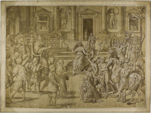 Pope Sylvester Blessing the Emperor Constantine, n.d., after Giulio Pippi, called Giulio Romano, Italian, c. 1499-1546, Italy, Pen and brown ink with brush and brown wash, heightened with lead white (oxidized), on tan laid paper, laid down on card, 412 x 560 mm (max.)