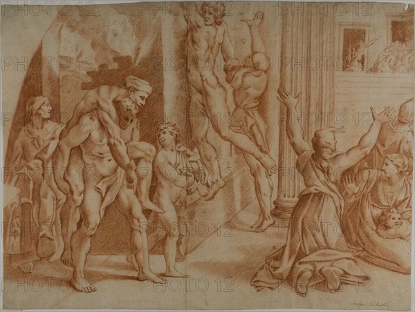 Fire in the Borgo (recto), Slight Sketch of the Fire in the Borgo (verso), 1726/1750, Ottaviano Dandini (Italian, c. 1706-1750), after Raffaello Sanzio, called Raphael (Italian, 1483-1520), Italy, Red chalk (recto and verso) on ivory laid paper, 374 x 503 mm (max.)