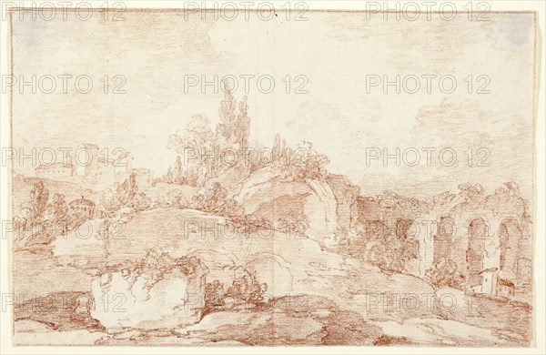 Landscape of the Italian Campagna, 1780, Jens Petersen Lund, Danish, 1725/30-after 1793, Denmark, Red chalk on ivory laid paper, 220 × 341 mm