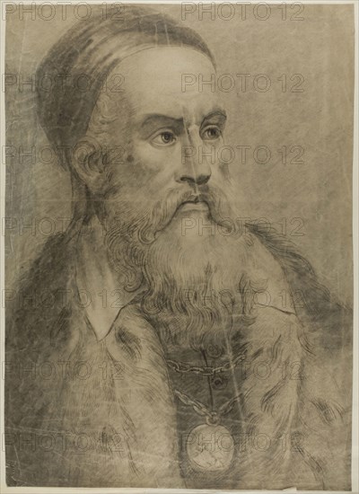Self-Portrait, n.d., after Tiziano Vecellio, called Titian, Italian, c. 1488-1576, Italy, Black chalk, with stumping, on gray wove paper, tipped on to ivory laid paper, 544 x 391 mm